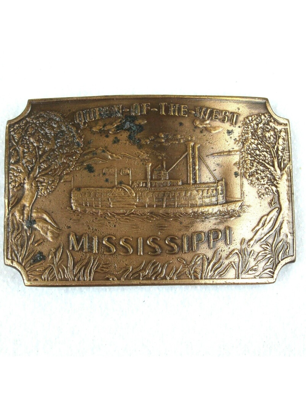 Vintage 1973 Queen Of The West Mississippi Riverboat Metal Belt Buckle Bergamot